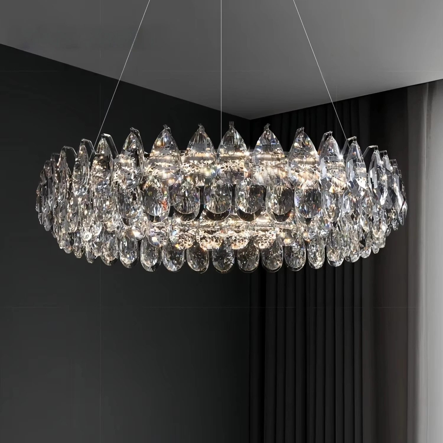

Современная роскошная хрустальная потолочная люстра, круглая подвесная лампа для виллы, гостиной, столовой, домашний декор, хромированные люстры