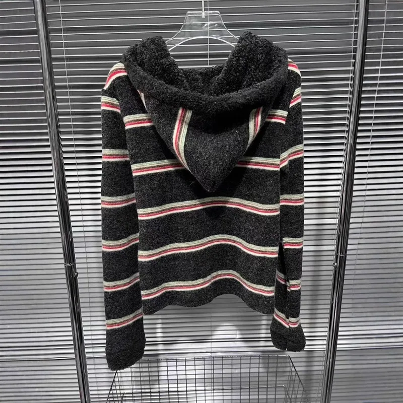 WTHT Trendy Women's Control Color Striped Plush Hooded Coat 2024 Winter Fashion New Long Sleeves Zipper Jacket Female 1LS527