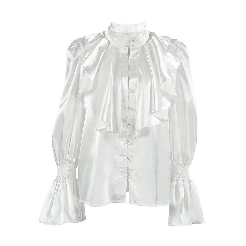 KELLYTOWN Women's White Satin Blouse Retro Stand Collar Ruffle Flared Long Sleeve Shirts French Design Chic Summer Tunic Tops