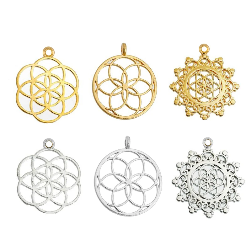 8Seasons Zinc Alloy Seed Of Life Pendants Round Gold/Siver Color Hollow Carved Bohemian Style Charms DIY Necklace Jewelry,5PCs