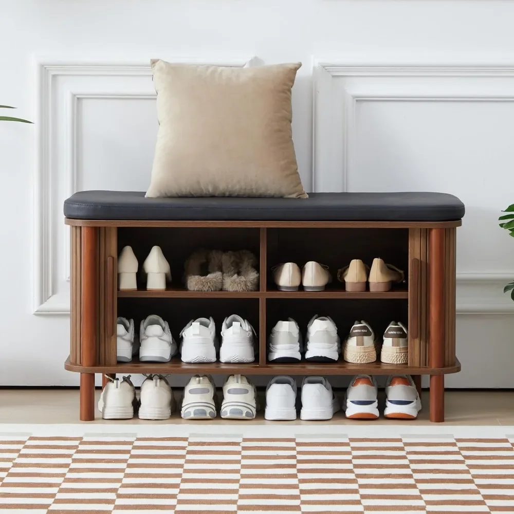 Entryway Shoe Cabinet with Leather Cushion and Sliding Door