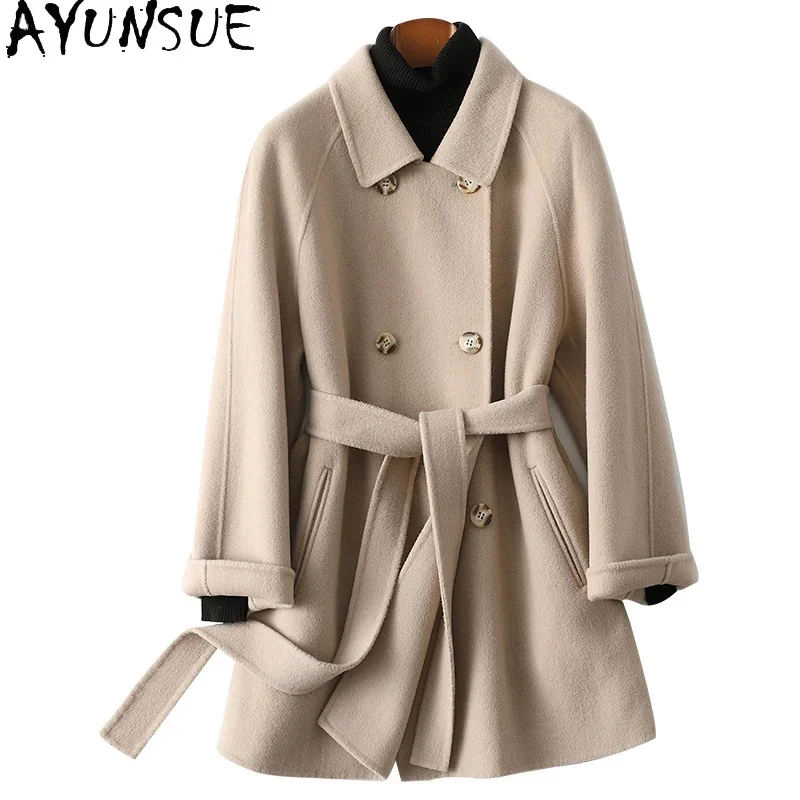 

100% AYUNSUE Wool Coats for Women 2024 Korean Fashion Double-sided Woolen Jacket Elegant Double-breasted Outertwear Abrigos