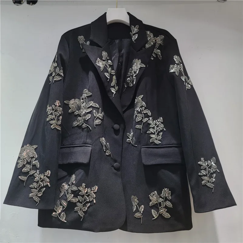 

Женский черный костюм SuperAen в европейском и американском стиле с пайетками, весна 2026, новая модная повседневная свободная удлиненная куртка-пиджак