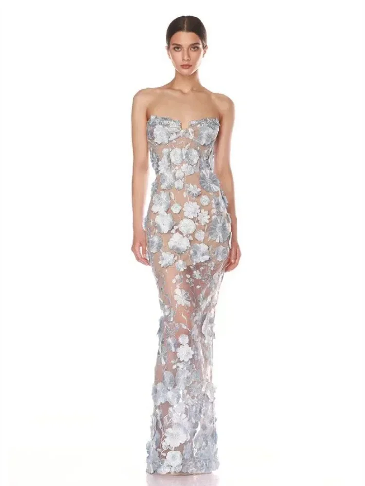 

Sexy Strapless 3D Flowers Embroidery Long Dress Women Sleeveless Backless Lace Appliqued Slim Dresses Elegant Evening Party Gown