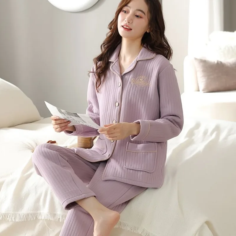 2024 New Autumn Winter Laminated Pajamas Women's Thickened Warm Thin Padded Cotton Sleepwear Plus-size V-neck Loose Homewear