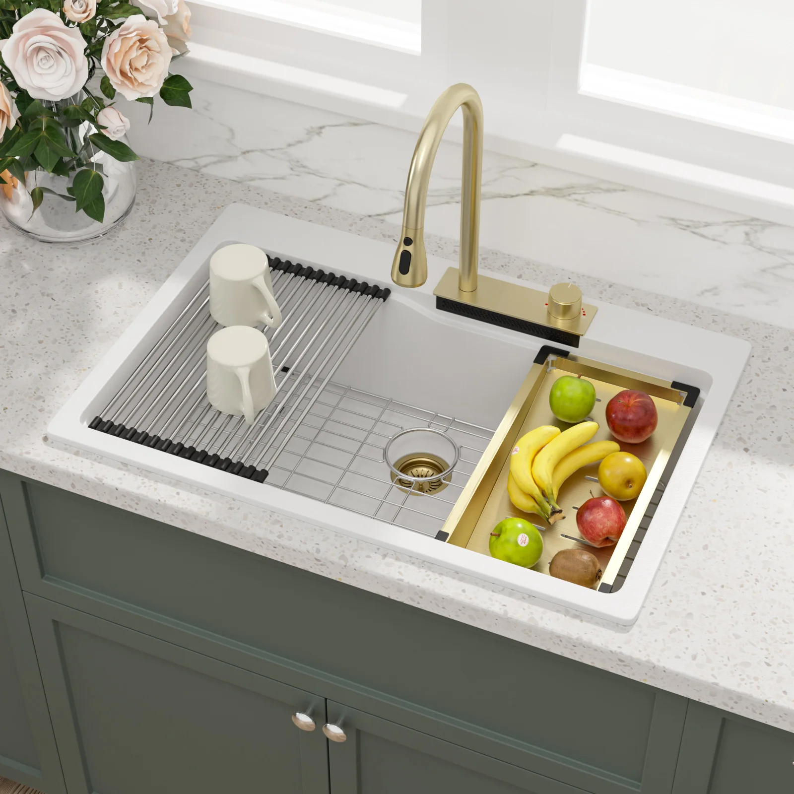 

33x22 Раковина с водопадом, смеситель с одной чашей, верхнее крепление, универсальная кухонная раковина, водопад, кухонная раковина, рабочая станция