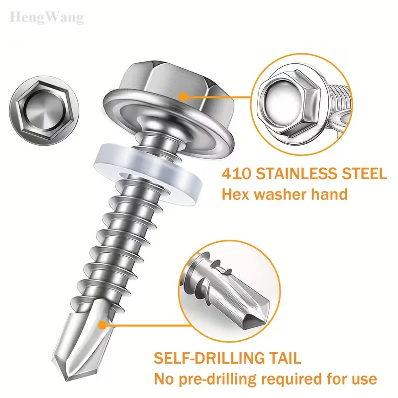Self Tapping Screw Hex Washer Head 250pcs Assortment Kit #8 M4.2 410 Stainless Steel Self Drilling Tek Screw for Sheet Metal