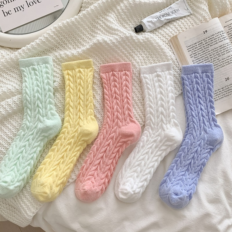  5 Pairs Sueded and Thickened Warm Medium Tube Socks Sweet Solid Color Casual Fried Dough Twists Soft Waxy Moon Socks in Winter 