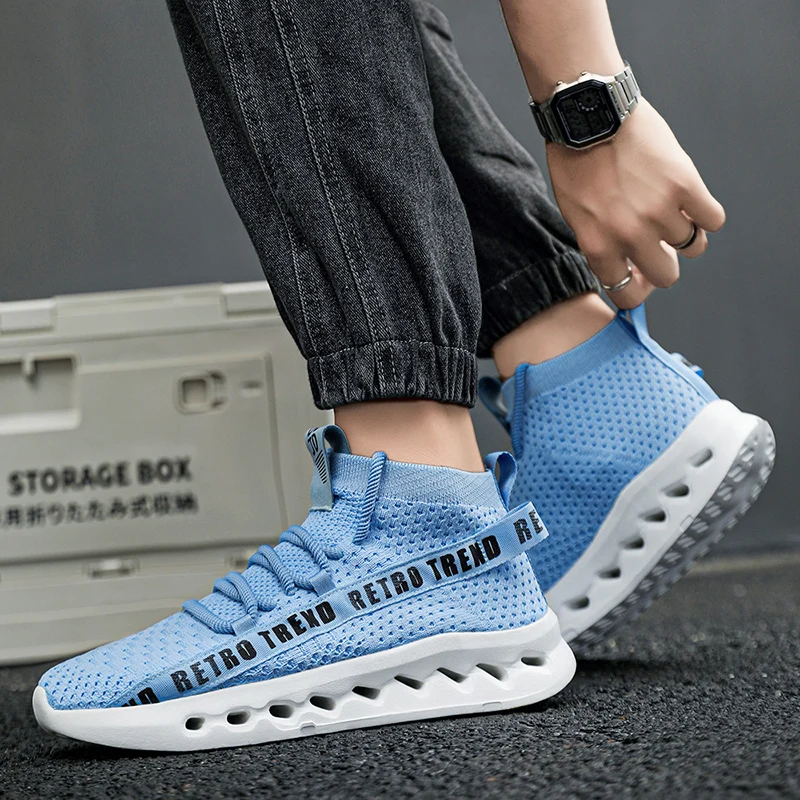 High Top Knit Sneakers Men Fashion Casual Blue Platform Running Shoes For Men Outdoor Mesh Breathable Lace-up Men's Sports Shoes