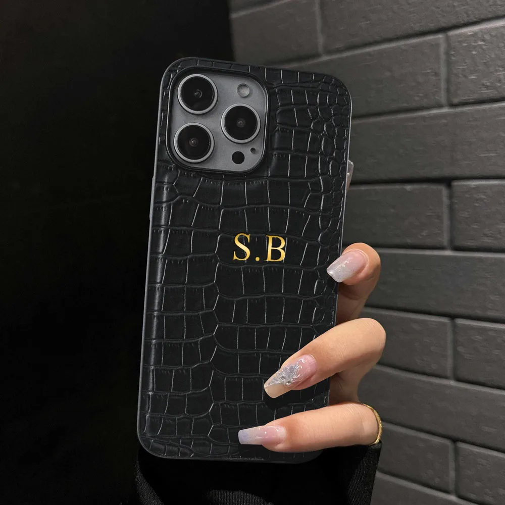 Personalized Customized Initials Name Case For iPhone 17 16 15 14 13 12 11 Pro Max 17 Air Luxury Soft Crocodile Leather Cover