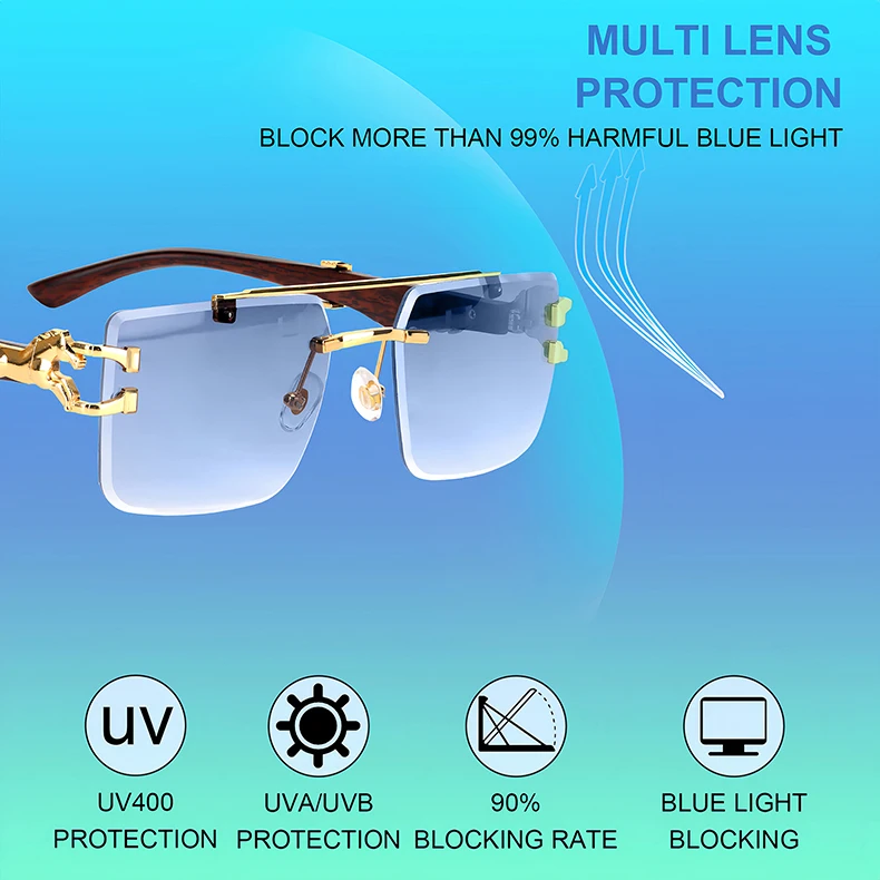 Holzmaserung Sonnenbrille Damen Trendy 2024 Randlose Sonnenbrille Herren Vintage Designer Mode-Brillen Lentes De Sol Mujer Zonnebril – Detail 11