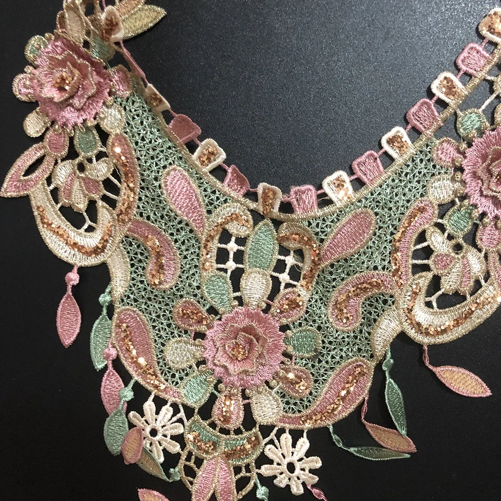 1Pc pink Green 3D Embroidered Fabric Color Flower Lace Sewing Applique Lace Collar Neckline Ancient Collar Applique Accessories