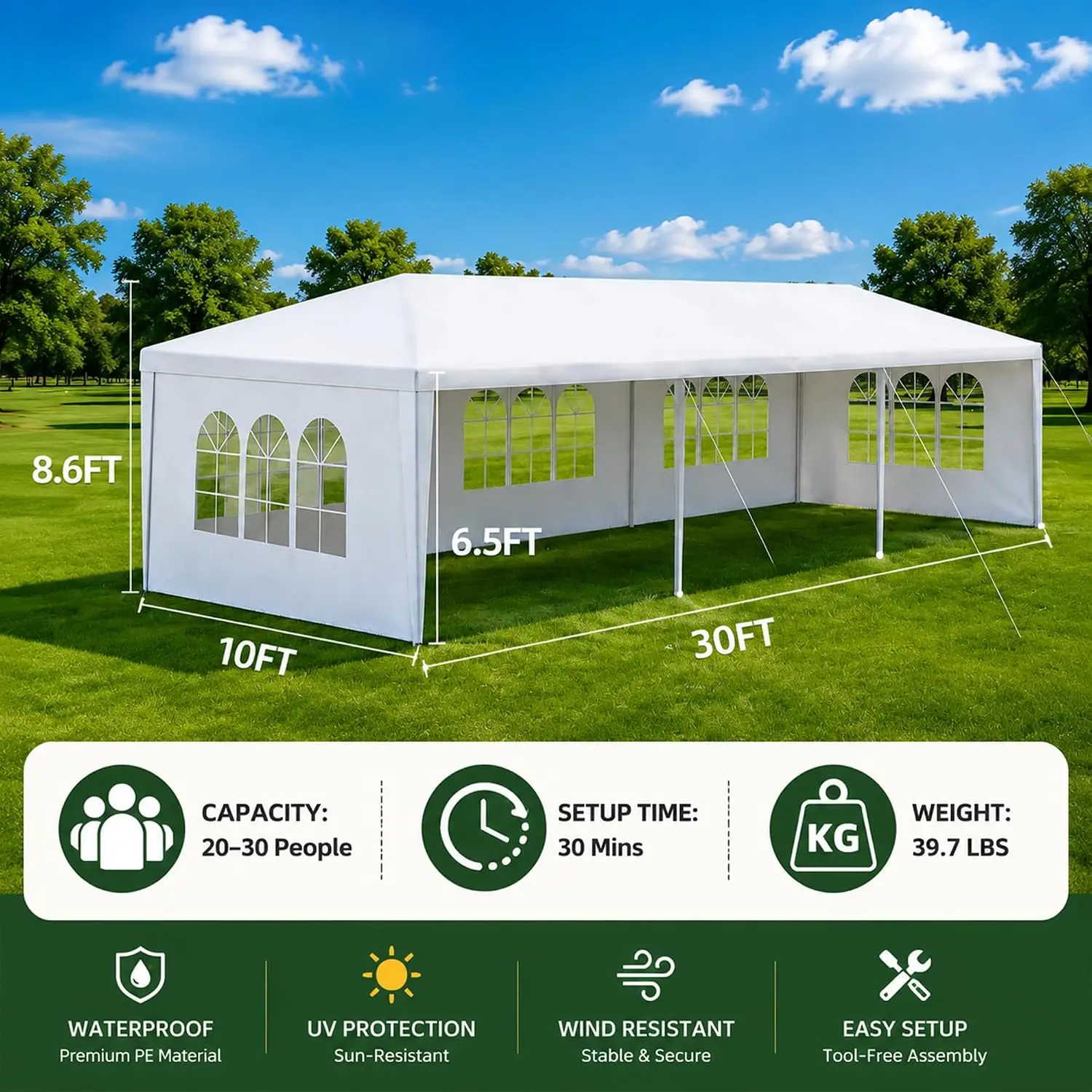 10' x 30' White Canopy Tent with 5 Removable Sidewalls for Outdoor Wedding Party Events, Waterproof PE Gazebo, Customized