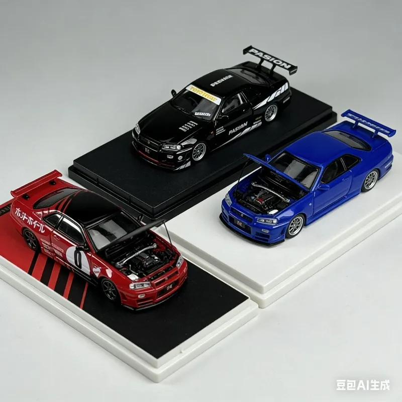

Коллекционная модель автомобиля Nissan GTR R34 в масштабе 1:64, литая под давлением, из сплава, для декора рабочего стола, игрушка для мальчика, подарок на день рождения