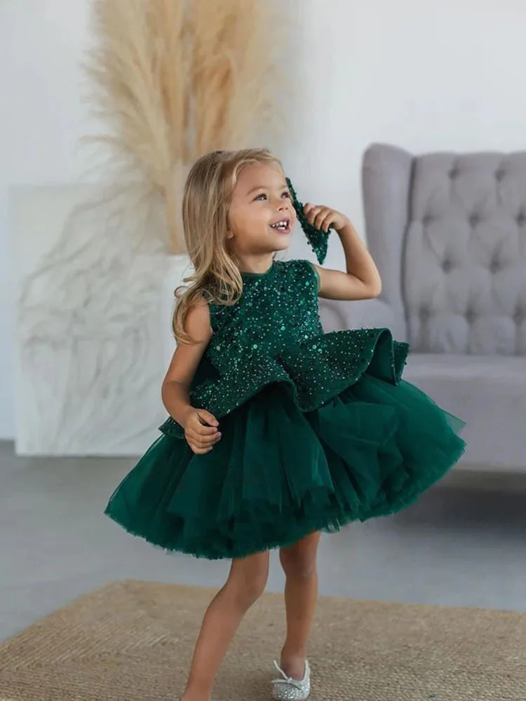 

Green Glitter Flower Girl Dress For Wedding Sleeveless Seuins Puffy Tulle With Bow Child First Eucharistic Birthday Party Dress