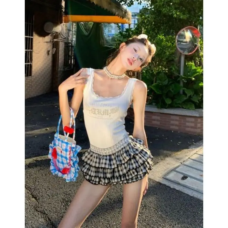 

Two Piece Sets Womens Outifits Pure Sweet Girl Style Lace Spliced Letter Printed Suspender Top and High Waist Plaid Cake Skirt