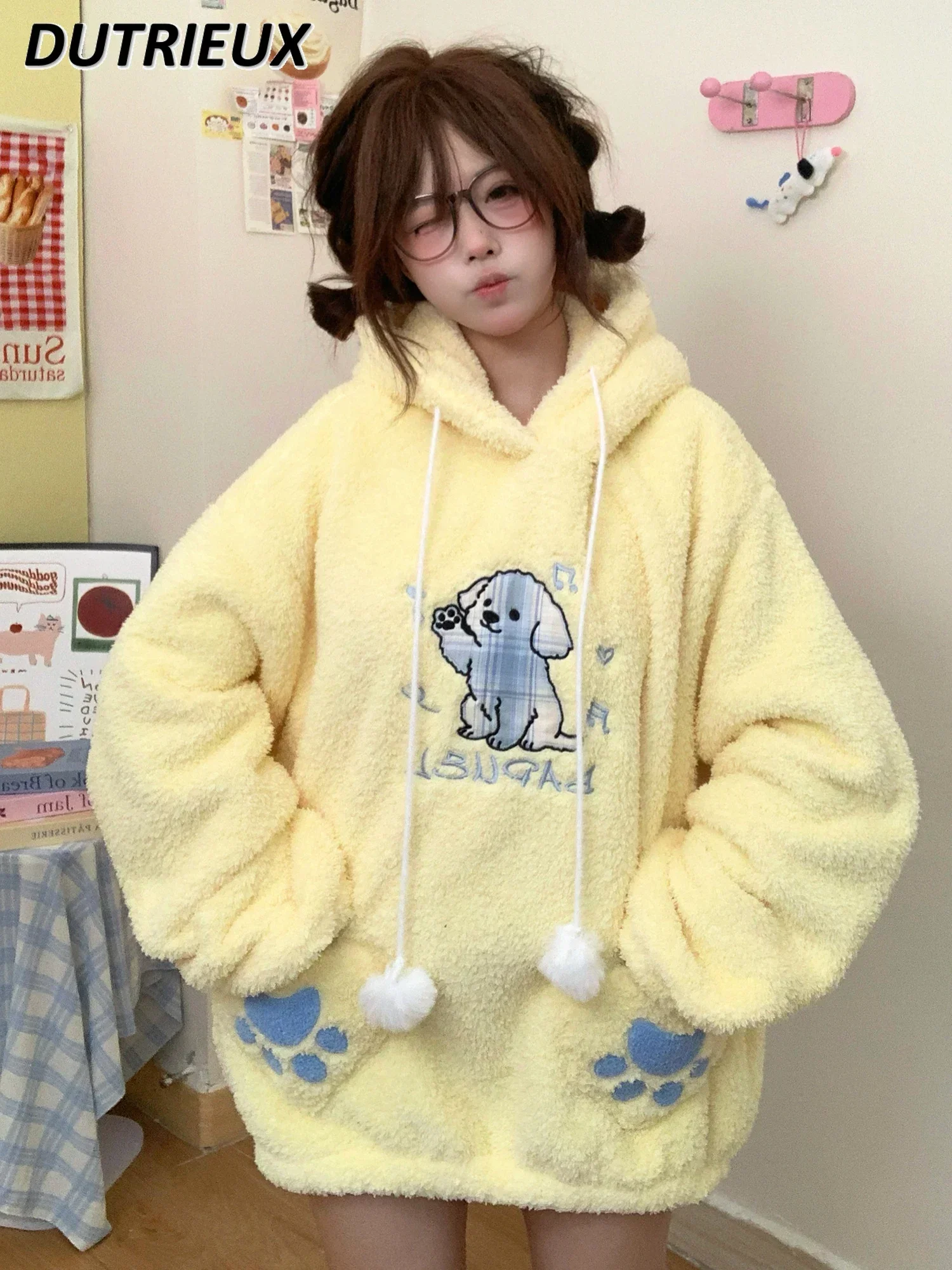 Original Sweet Cute Lamb Wool Hooded Sweatshirt Woman Loose New Autumn and Winter Versatile Long-sleeved Mid-length Hoodies