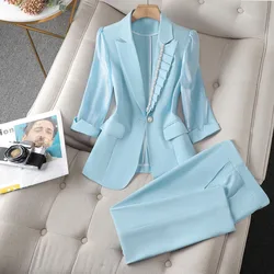 New Women Trousers Suit Thin Fashion Seven-Point Sleeve Business Slim Blazer Pants Two-Piece Set Office Ladies Work Clothing 4XL