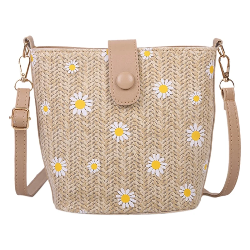 

Small Daisy Straw Woven Women's Messenger Bag Fashion Chain Bucket Bag Bohemian Handbag Schoolgirl Bag Khaki