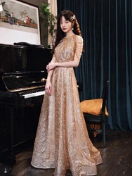 Luxury Champagne Gold Evening Dresses Shiny Lace Sequined Pearls O Neck Beading Tassel Prom Woman Formal Party Gowns Host 2025