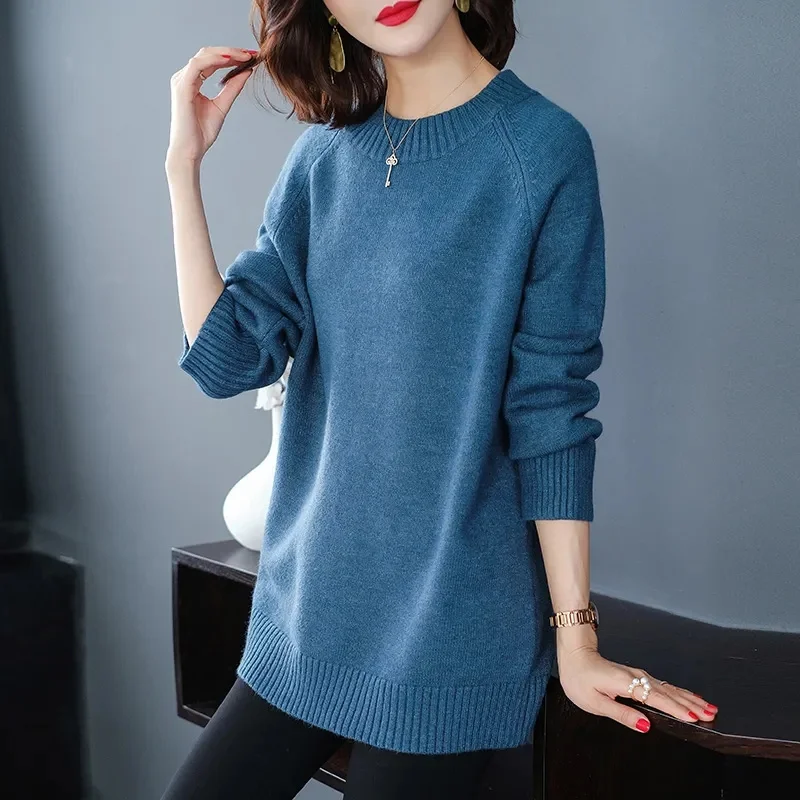 

Long Solid Color Cashmere Sweater For Women Loose Pullover Autumn and Winter Contracted Commuter Basic Knitwear Top Base