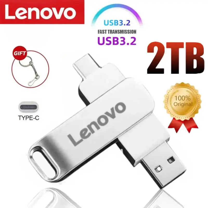 Оригинальный флэш-накопитель Lenovo 2 ТБ USB 3,2 с интерфейсом USB Type-C, высокоскоростной металлический водонепроницаемый флеш-накопитель большой емкости объемом 1 ТБ