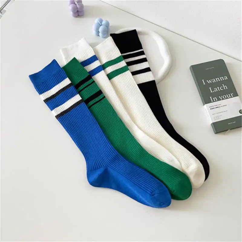 pure-cotton-long-tube-socks-women's-outerwear-double-needle-stripe-leg-socks-klein-blue-cotton-socks-comfortable-breathable