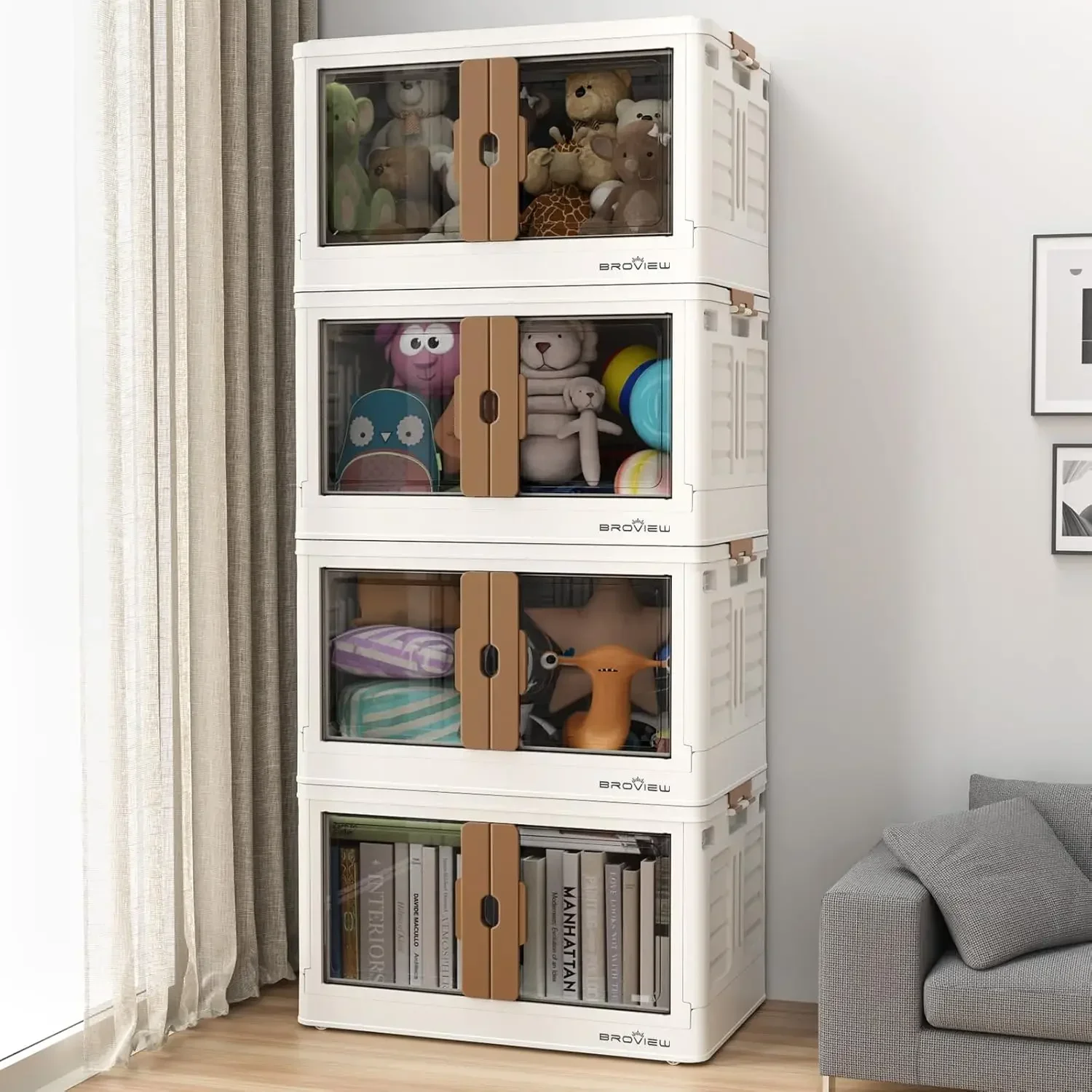 Stackable Storage Bins with Lids, 104 Gal Closet Organizers with Wheels, Open Front Collapsible Storage Boxes, Plastic Foldable