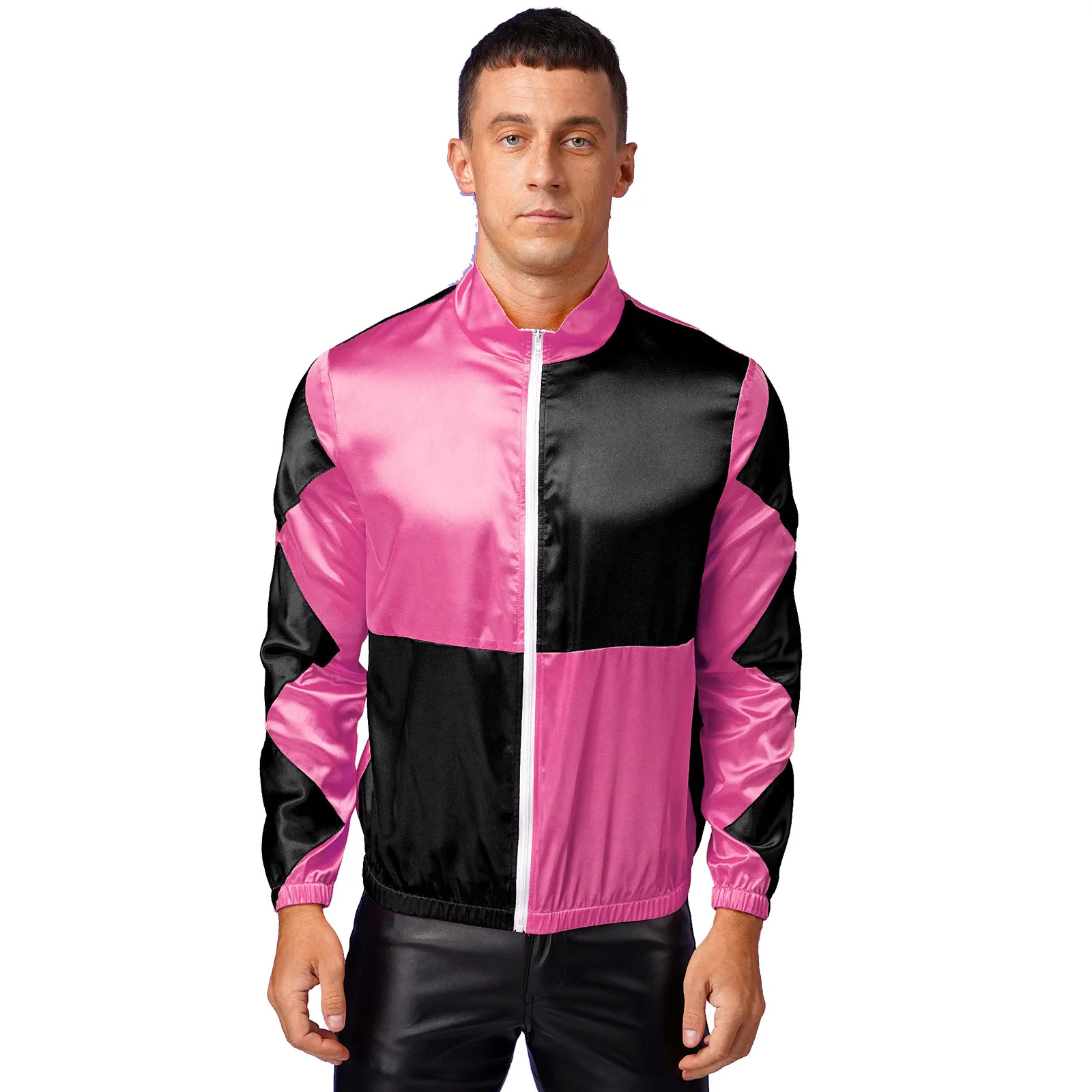 Mens Horseman Satin Jackets Casual Coat Front Zipper Contrast Checkerboard Outerwear Horse Trainer Halloween Costumes Cosplay