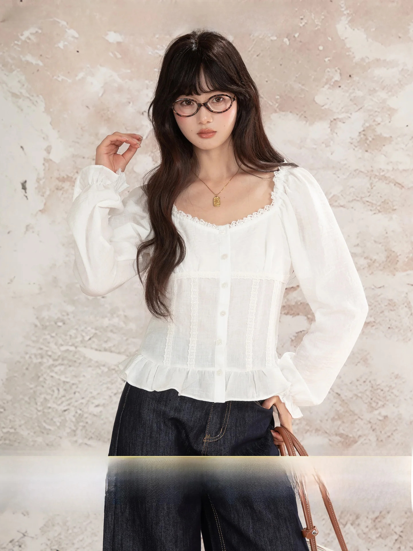 

Loveheynew Women's Square Collar irt with Belt ort Long Sve French Sle Polyester Fabric Loose Fit Autumn Top