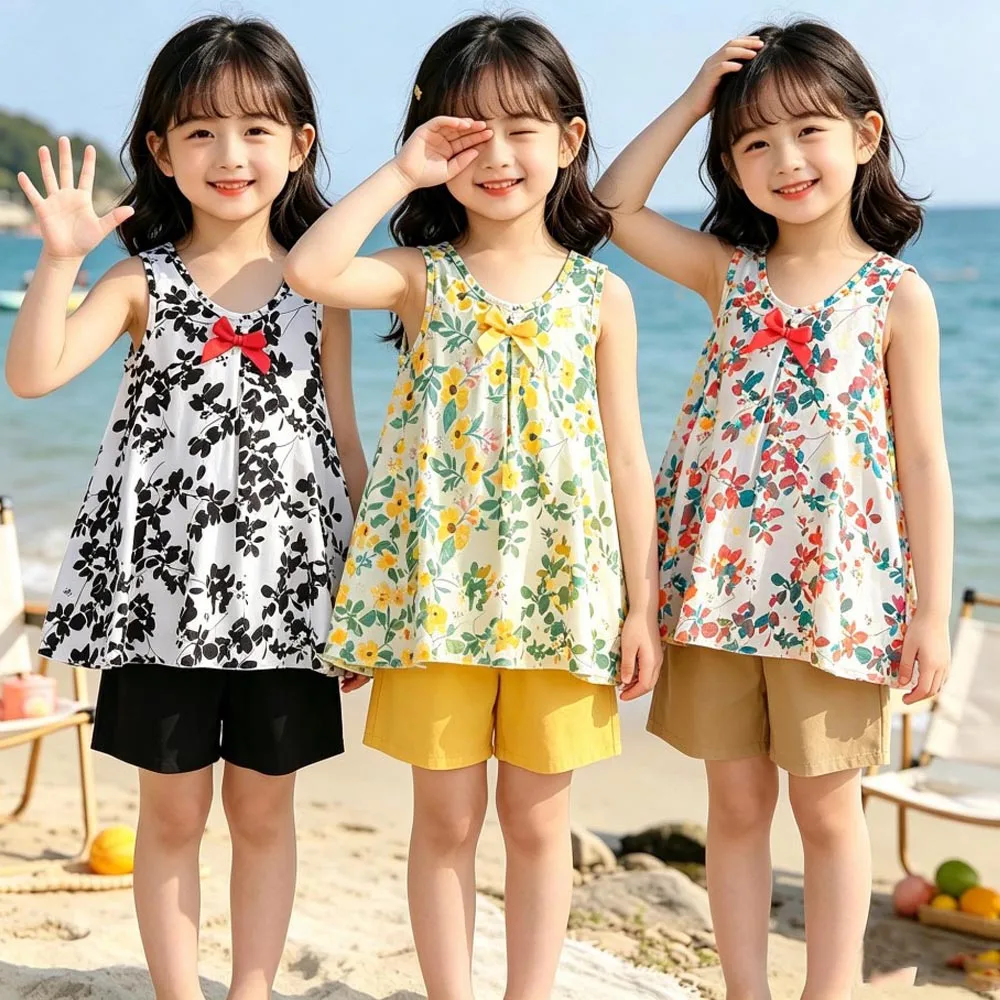 Girl Outfits Sets 3 to 4 5 6 7 8 9 10 11 12 13 14 15 16 Years Summer Floral Children's Clothing Black Red Tank Tops+Shorts Suit