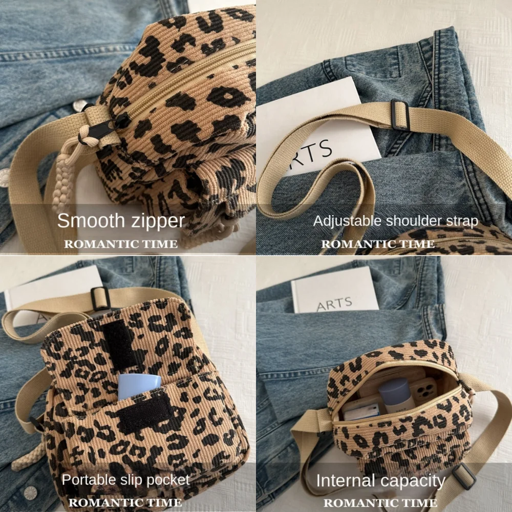 New Leopard Pattern Crossbody Bags Adjustable Shoulder Strap Corduroy Shoulder Bag Multi-pockets Casual Waist Bags Daily Use