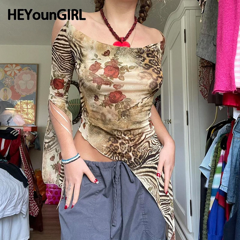 HEYounGIRL Asymmetric Tiger Pattern Rose Print T-shirt Y2K Long Sleeve Off Shoulder Vintage Suspender Top Fashion Streetwear