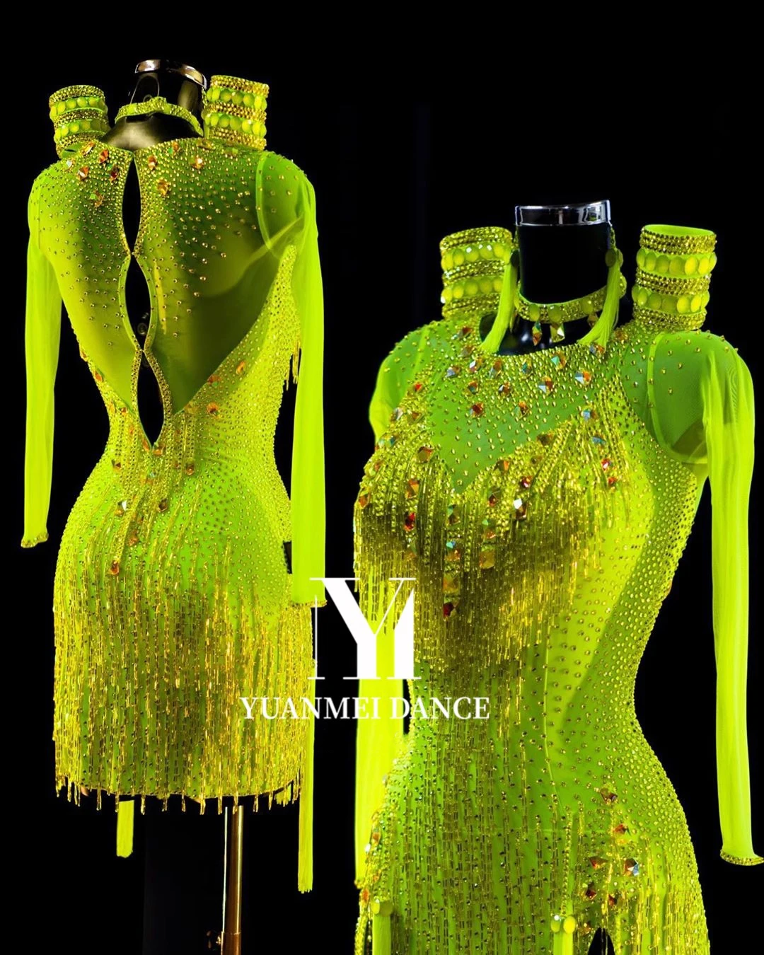 Latin Dance Competition Women's High-end Custom Fluorescent Yellow Bead Tube Tassel Tango Samba Performance Rhinestone Dress