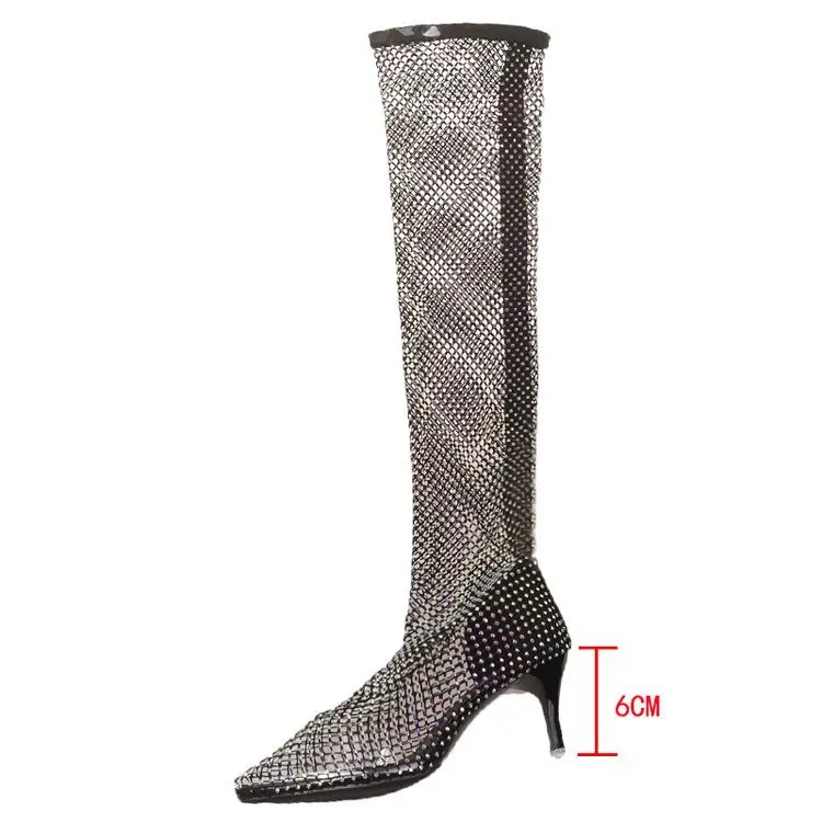 Net Red Over Knee Boots Summer Sexy Nightclub High Heel Pointed Mesh Hollowed Out Women\'s Shoes Diamond Mesh Boots