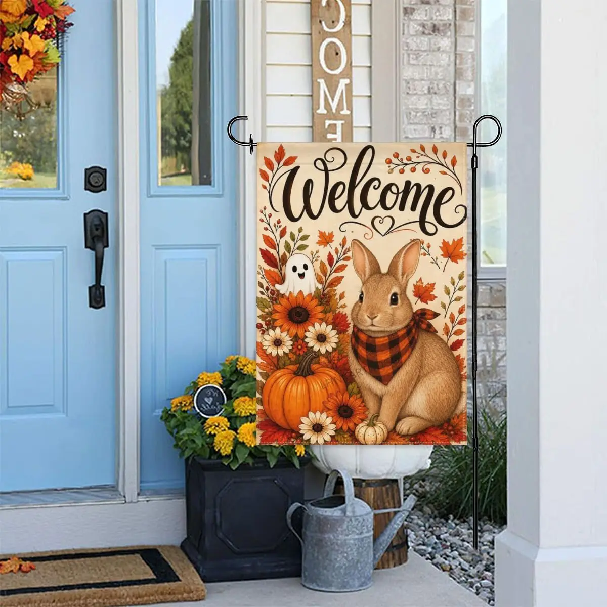 Welcome Fall Rabbit Garden Flag 12x18 Inch Pumpkin Sunflower and Ghost Double Sided Polyester Outdoor Yard Flag for Home Law yyi