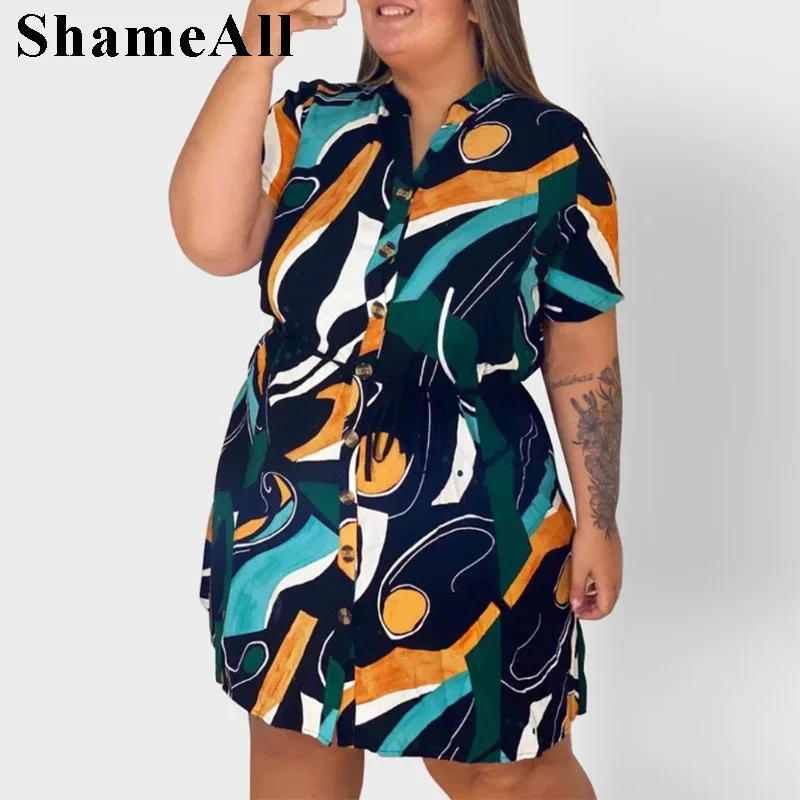 

Plus Size Women Party Beach Shirts Dress 4XL Summer Buttun Up Short Sleeve V Neck Loose Big Bohemia Robe Sundress Dashiki Dress