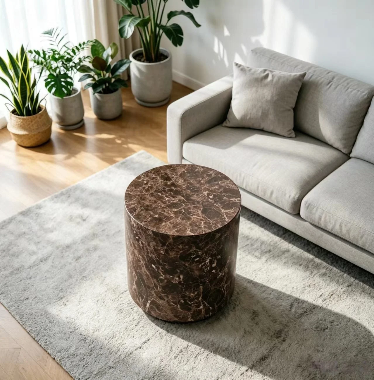Natural Marble Side Table Design Home Furniture Brown Luxury Cylinder Stone Pillar Sofa Plinth Side Table Bedroom Side Table