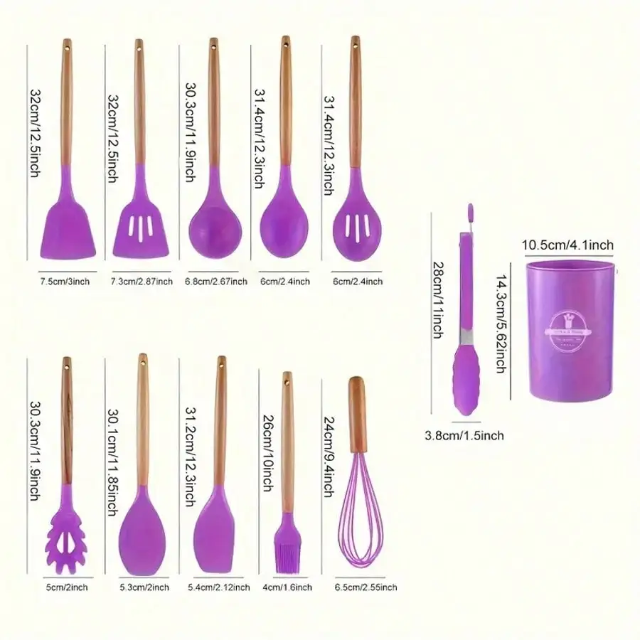12‑Pack Non‑Stick Silicone Kitchen Utensil Set with Wooden Handles, Khaki, Heat‑Safe Easy‑to‑Clean Cooking & Baking Tools, Dorm & Back‑to‑School Essentials