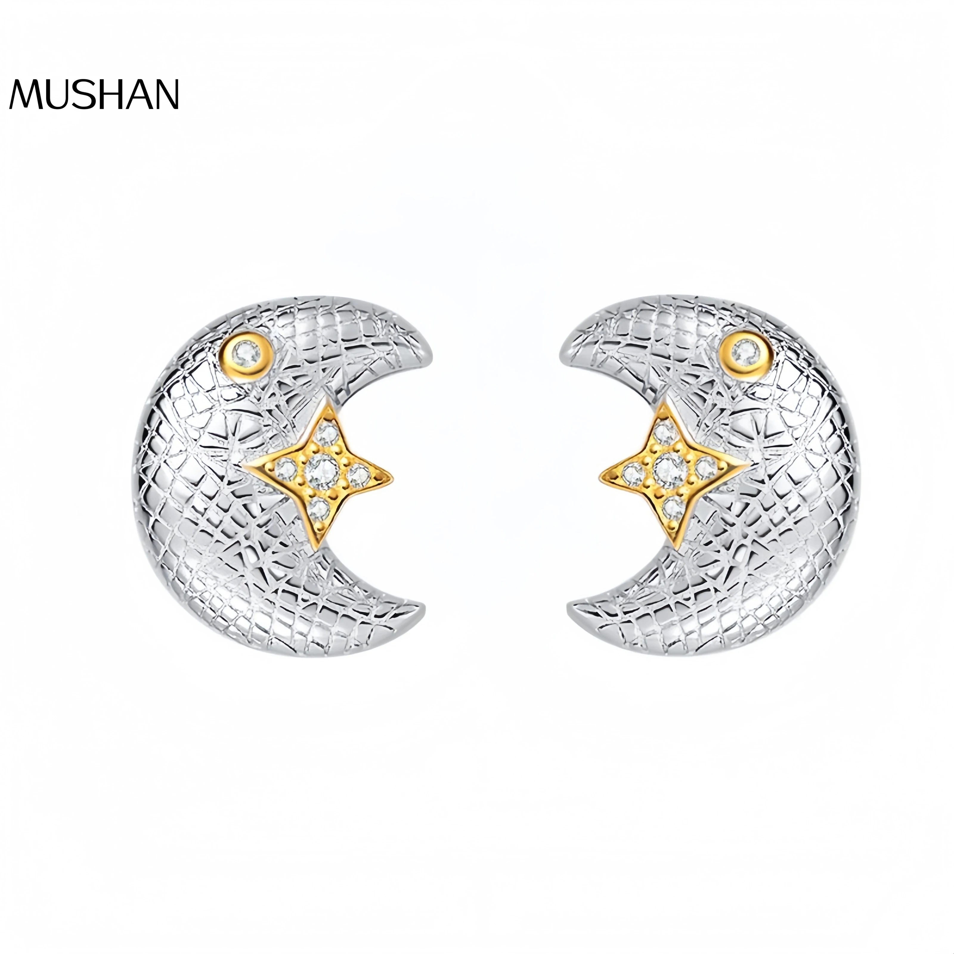 

MuShan Luxury Brand Brushed Gold Star And Moon Stud Earrings 18k Gold Plating 925 Sterling Silver Earrings Fine Jewelry
