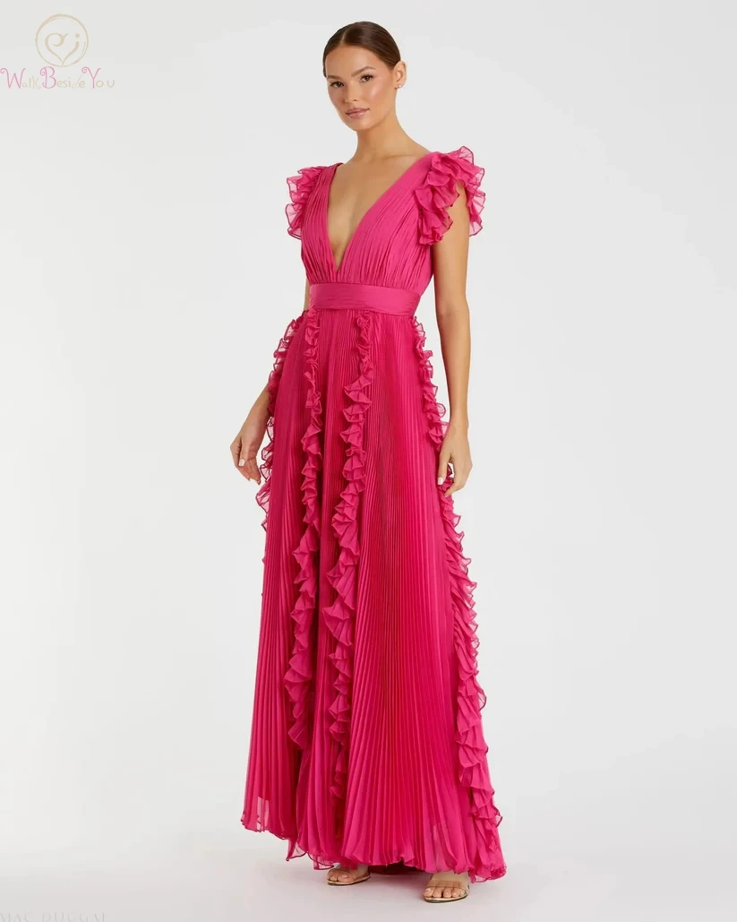 

Pleated Ruffle Cap Sleeve Flowy A Line Evening Gowns V Neckline Long Floor Length Sweep Train Sweep Train Prom Gowns Custom Made