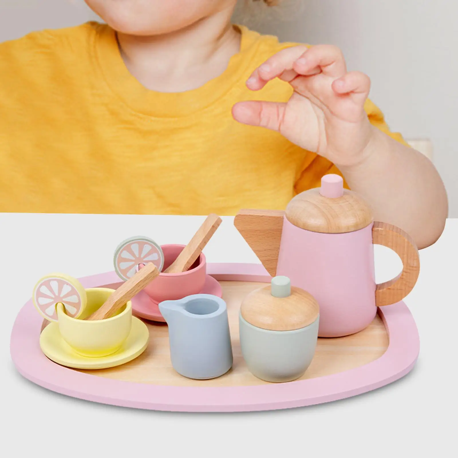 Wooden Tea Set Cup Saucers Spoons Tray Pretend Tableware Set for Party Favors Children Boy Girl Toddlers Preschool