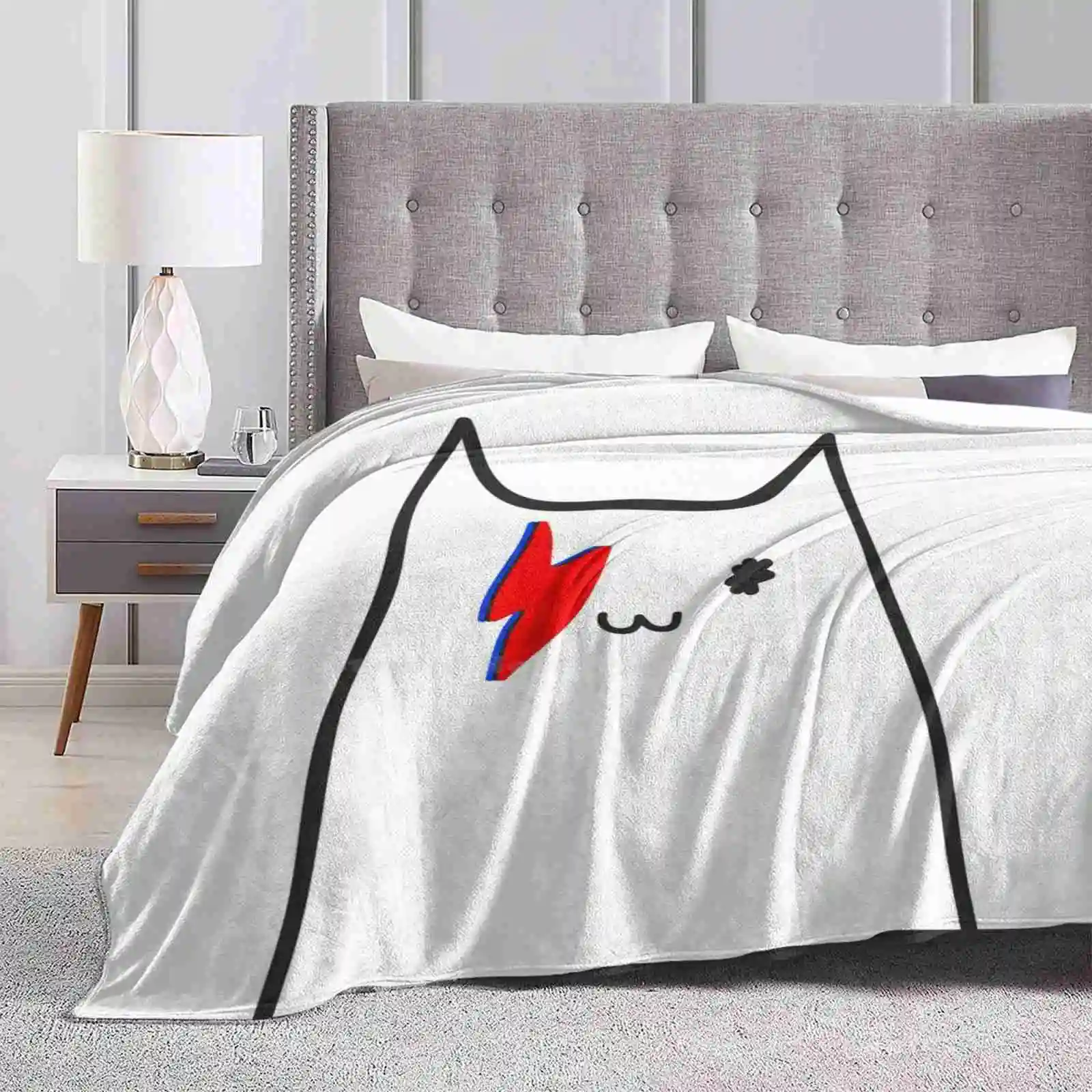 Bowie Cat New Selling Custom Print Flannel Soft Blanket Meow Kitten Kitty Cat Cute Lightning Bolt Bowie Bolt