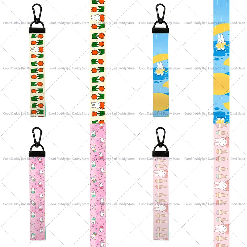 Kawaii Miffys Print Wristlet Keychain Cartoon Webbing Car Key Ring Hand Wrist Ribbon Key Chain Lanyard Key Holder Birthday Gift