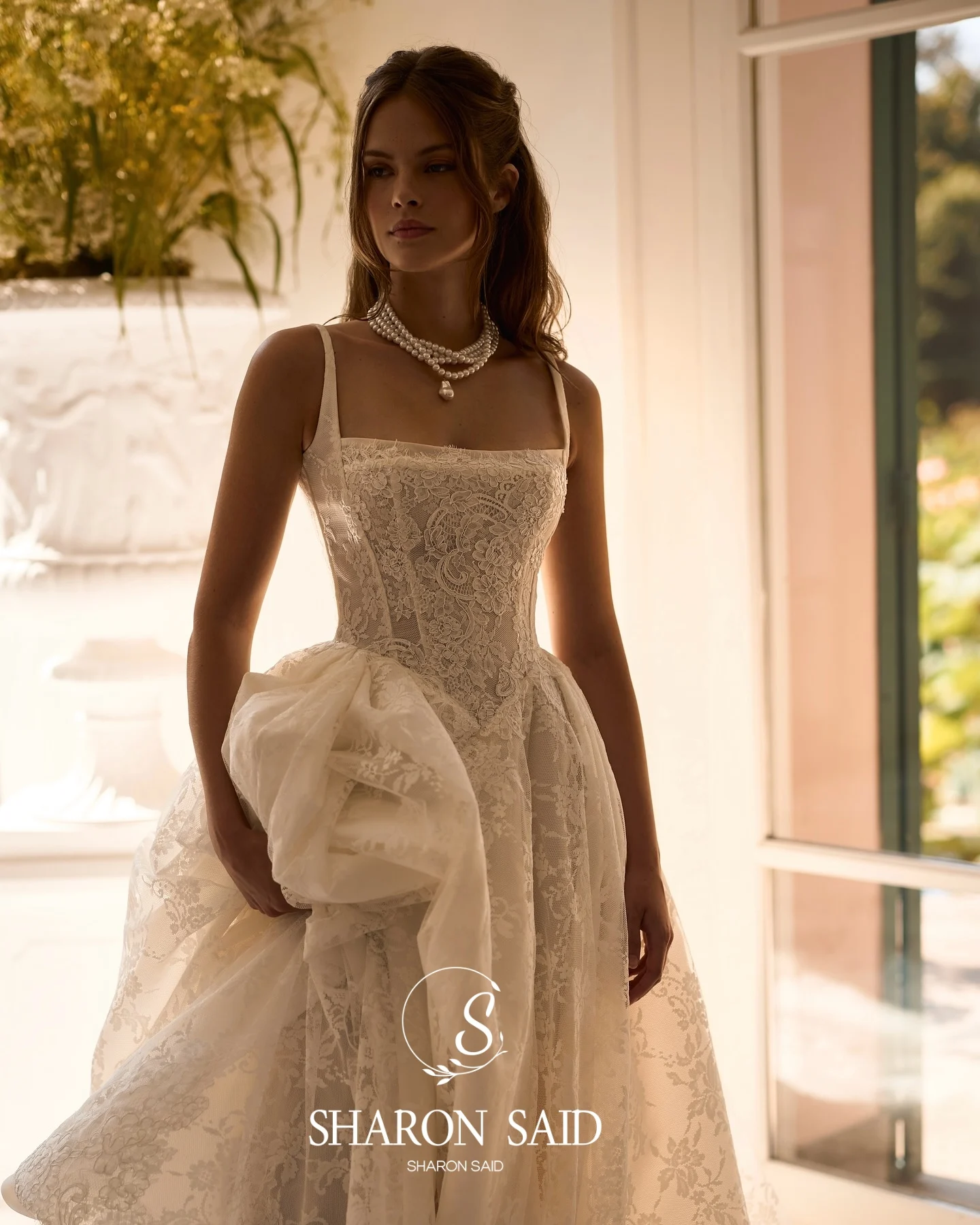 Sharon Said 2025 A-lijn Prinses Gebroken Wit Kant Trouwjurk Met Jasje Vintage Vierkante Kraag Bruidsjurk SW 119 Aangepast
