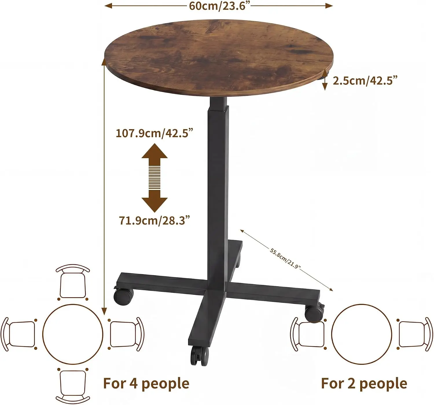 Rolling Adjustable Round Bar Table, Gas Lift Pub Table with Lockable Casters, 23.6