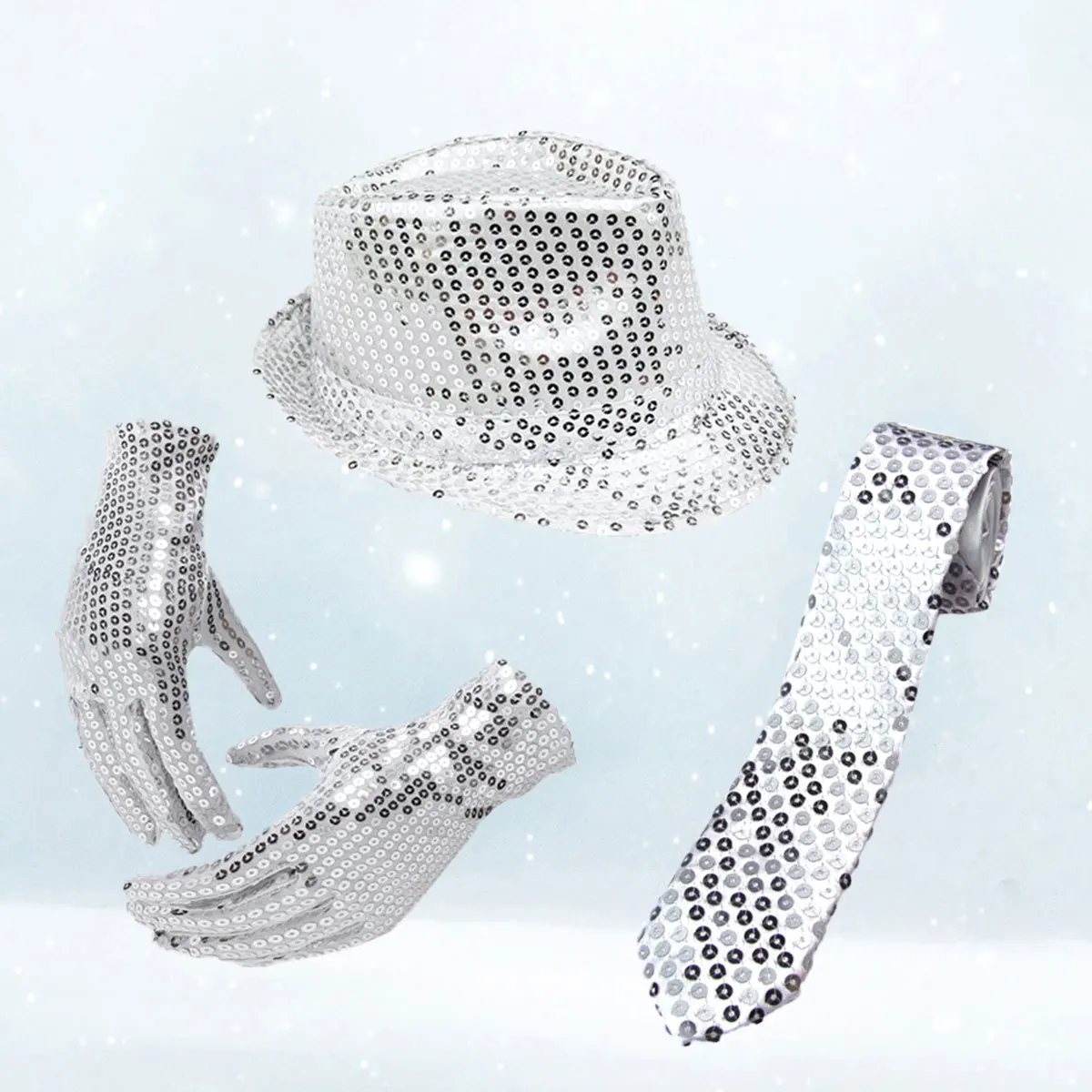 Set di accessori con paillettes da 3 pezzi, cappello in argento, guanto da cravatta per adulti, leggero e portatile, per spettacoli di danza, costumi jazz, novità per feste