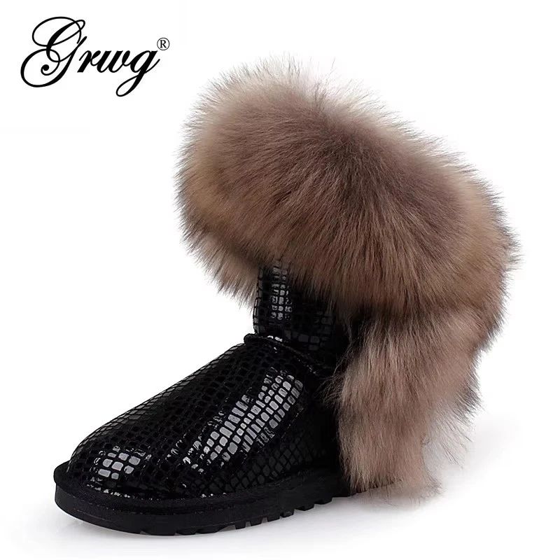 

Top Fashion Women's Natural Fox Fur Snow Boots 100% Genuine Cow Leather Winter Boots Female Winter Shoes Women Boots