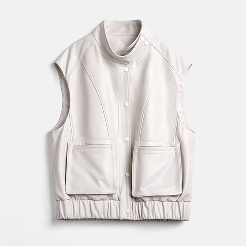 High End White Leather Vest Spring Autumn Women Sheepskin Mandarin Collar Tooling Pocket Loose Casual Sleeveless Jacket Chalecos