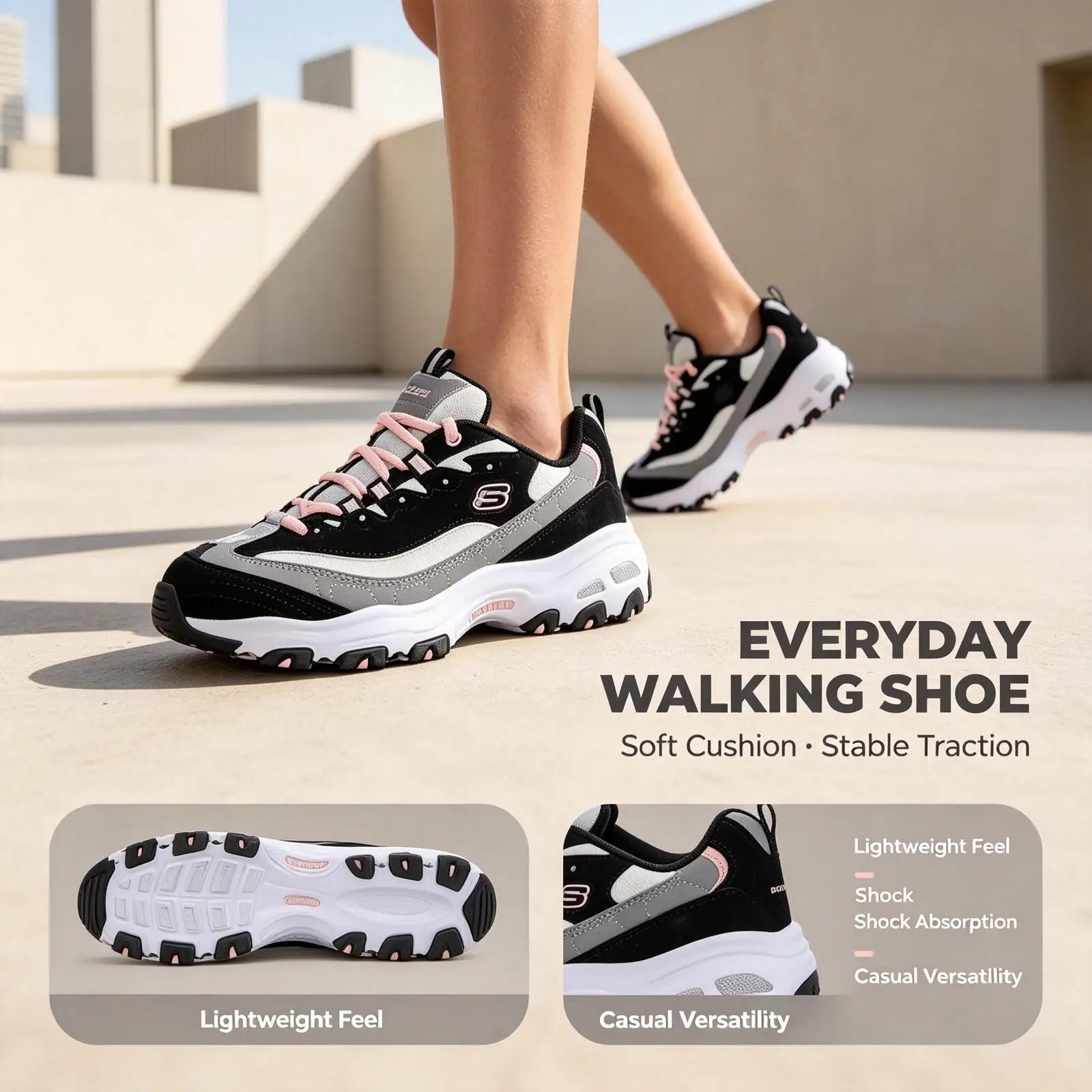 Skechers Chunky Casual Sneakers pour femmes, chaussures de marche rétro multi-matériaux, baskets tendance à amorti et antidérapantes, noir, gris, rose.